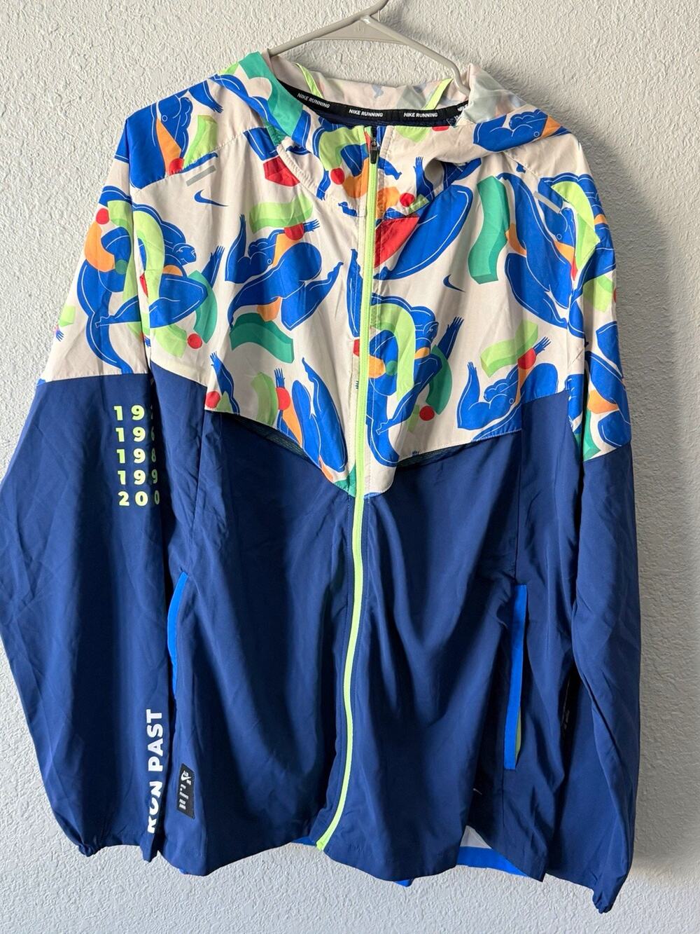 Nike Running Men's XL Windbreaker Jacket Hooded Full-Zip Pockets Graphic Blue